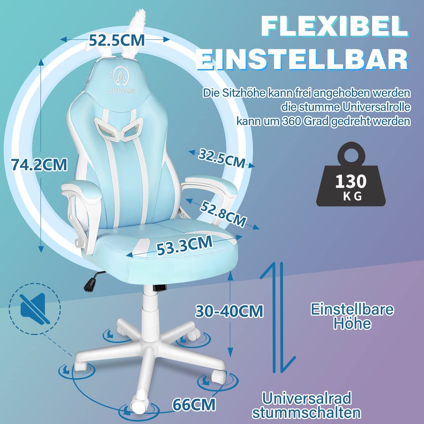 JOYFLY Gaming Chair Cute Computer Chair with Lumbar Support, with Bunny Ears Ergonomic Racing Office Chair Height Adjustable Gamer Chair for Girls (Light Blue)