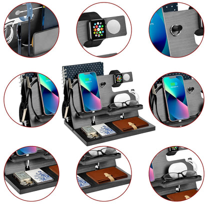 Gifts for men: birthday wooden phone docking station, watches, wallets, bedside organizer. Perfect for Christmas, birthday, or Father's Day. Wooden desk organizer for men.
