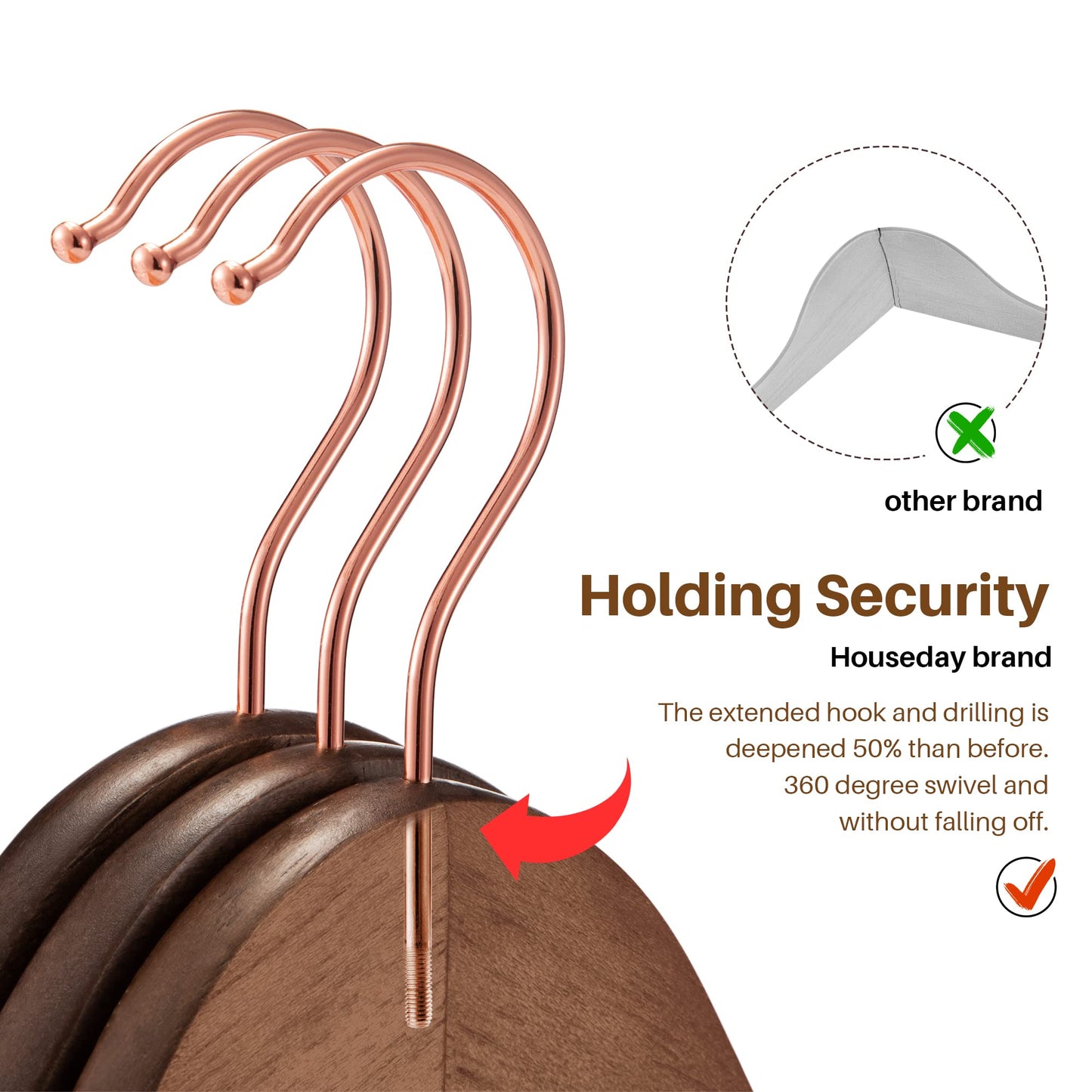 HOUSE DAY Wooden Hangers, 20 Pack Wood Clothes Hangers, Walnut Hangers for Suits, 360° Rotating Hook in Rose Gold, Non-Slip, Shoulder Notches.
