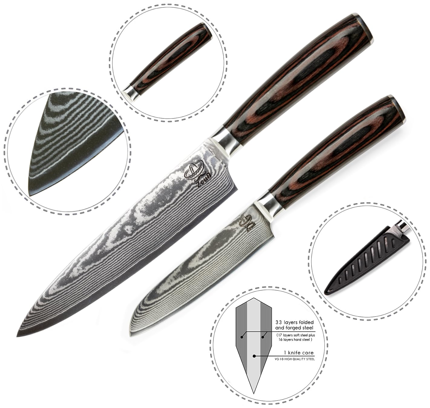ZEUS Damascus Knife Set 2 pieces (32 cm and 24 cm) Professional Damascus kitchen knives made of authentic 67-layer Damascus steel I with chef's knife, Santoku knife, Pakka wood handle, and sharpening stone.