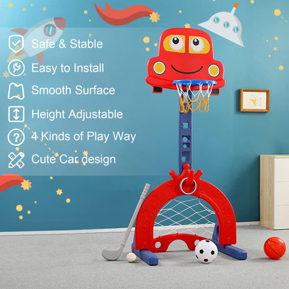 Kids Basketball Hoop Stand, Adjustable Height from 124 to 178 cm. Basketball set with adjustable hoop, soccer goal, and ball games. Interactive learning toy for babies, toddlers (red).