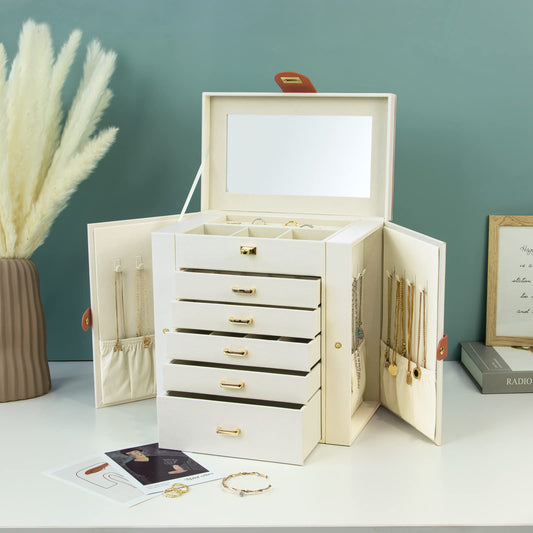 KAMIER 6-tier jewelry box made of fine natural wood with luxurious flannel and large mirror - Spacious jewelry case with side-opening doors for rings, earrings & bracelets, White