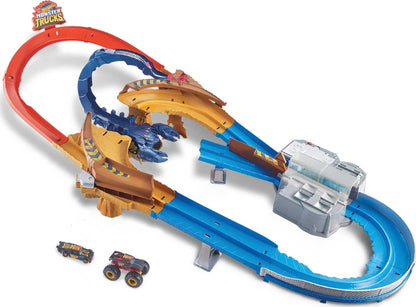 Hot Wheels GTL33 - Monster Trucks Scorpion Accelerator Track Set with monster truck and Hot Wheels vehicle, featuring a giant scorpion as the archenemy, for ages 4 and up.