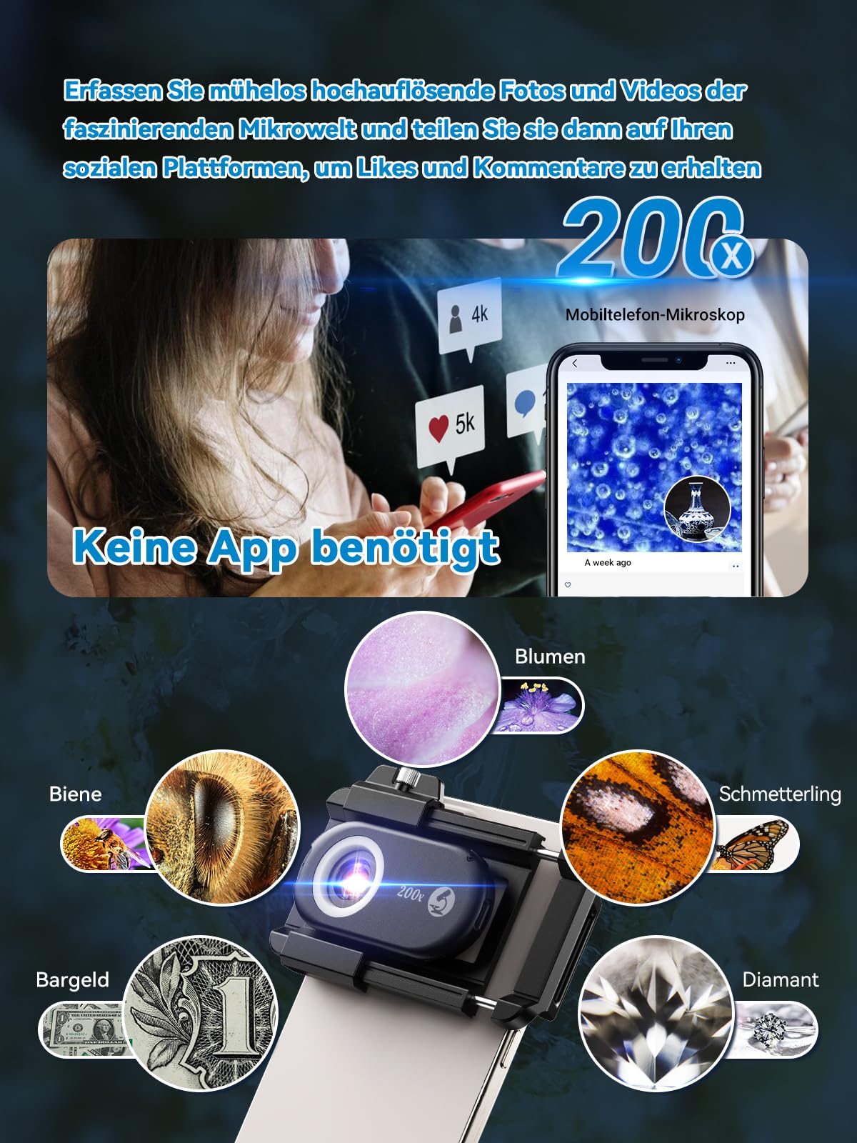 APEXEL 3in1 Mini microscope for smartphone camera, mobile microscope for smartphone, Explore Micworld with Smartphone Microscope