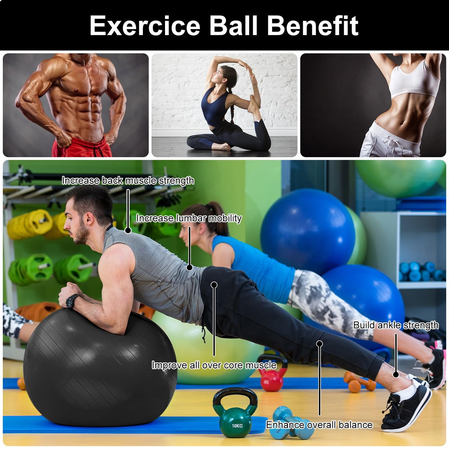 Flintonic exercise ball, 65cm ultra thick anti-explosion yoga ball with inflatable foot pump, durable max capacity fitness ball for sports, fitness, yoga, pilates (black).