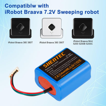 Shentec 7.2V 4500mAh NI-MH Replacement Battery for iRobot Braava Battery 380 380T 390 390T Mint 5200 5200B 5200C