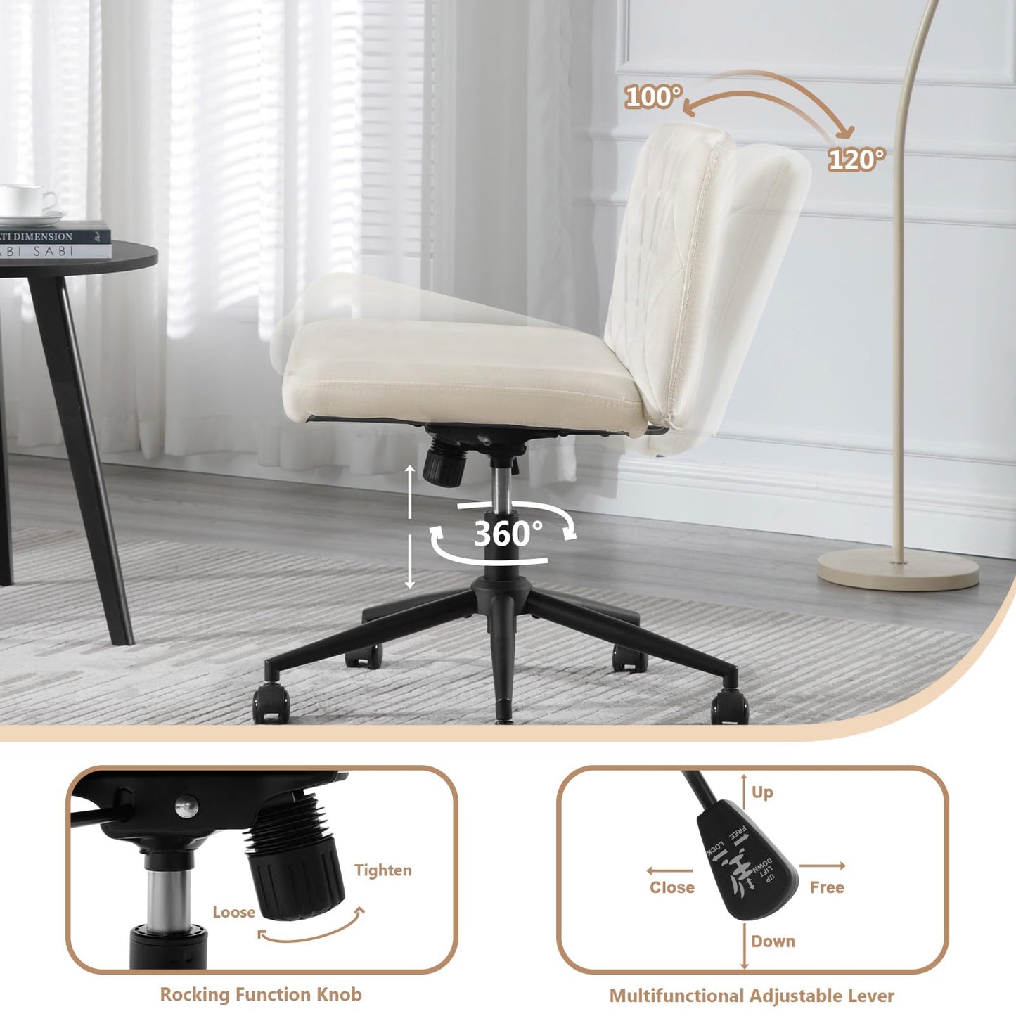 WOLTU office chair armless, desk chair wide seat, swivel chair height adjustable, ergonomic seat cross-legged, reading chair 150 kg capacity, velvet, Beige BS160cm.