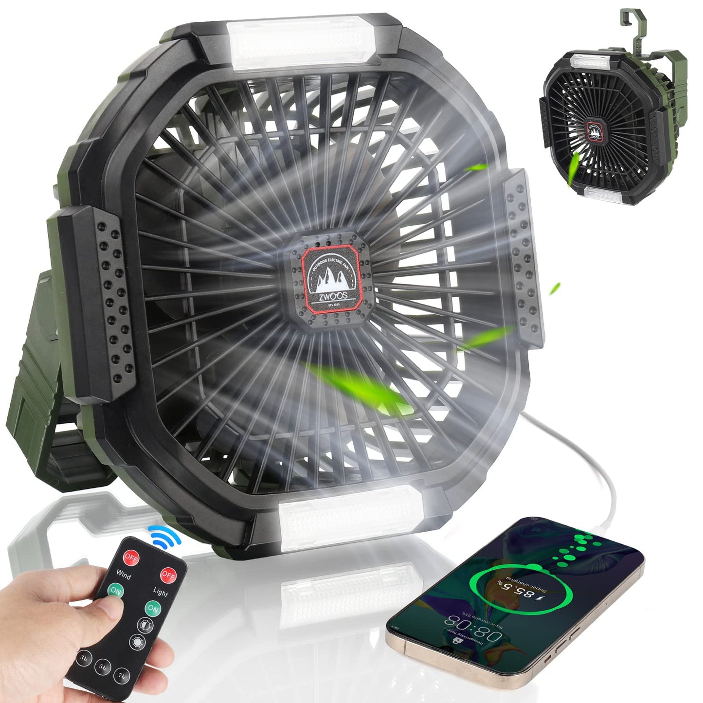 ZWOOS USB Camping Fan, 10400mAh Rechargeable Table Wall/Quiet Fan with 4 Speed Levels Adjustable Table Fan with LED Light for Outdoor Picnics, Fishing