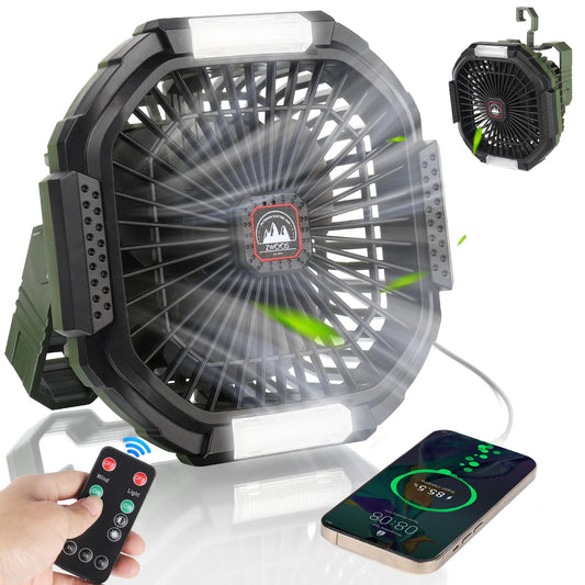 ZWOOS USB Camping Fan, 10400mAh Rechargeable Table Wall/Quiet Fan with 4 Speed Levels Adjustable Table Fan with LED Light for Outdoor Picnics, Fishing
