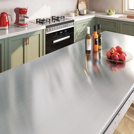 Livelynine 5M x 90CM wide adhesive film brushed stainless steel decor self-adhesive film kitchen foil wallpaper silver metal foil for kitchen refrigerator dishwasher kitchen adhesive films countertop.