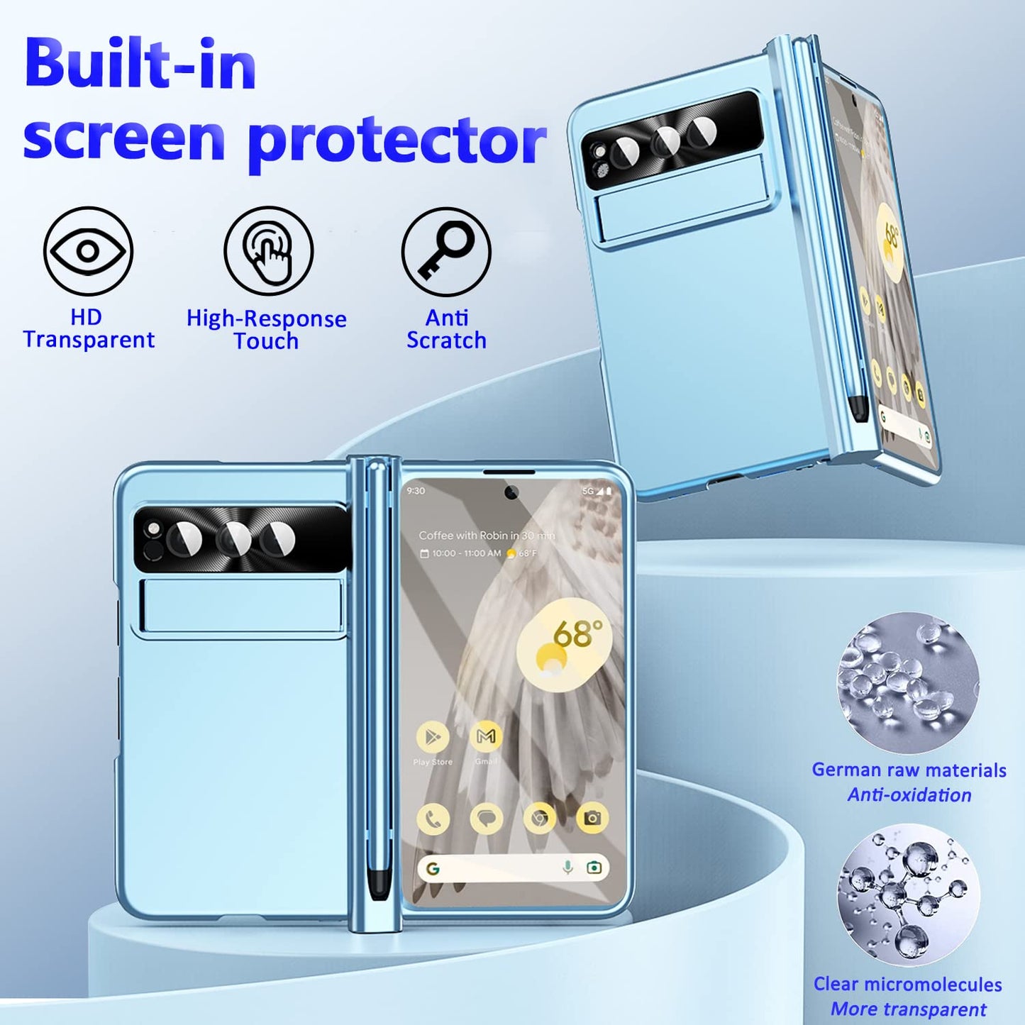 Miimall phone case Compatible with Google Pixel Fold, Tough PC Material, Protective Cover with Screen Protector, Camera protection, Hinge protection, Stand + Pen, Blue