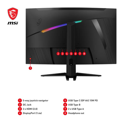 MSI MAG 325CQRXFDE 31.5-inch WQHD Curved Gaming Monitor - 1000R, 2560 x 1440 Rapid VA Panel, 240 Hz / 1ms, 115% sRGB, DisplayHDR 400, Adaptive Sync, Mystic Light - DP 1.4a, HDMI 2.0, USB Type-C