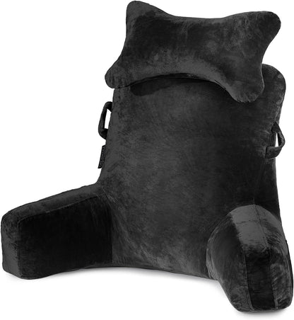 Reading pillow with removable neck roll & higher support arm for sitting in bed, couch, or floor. Backrest pillow for adults for reading, watching TV. Black.