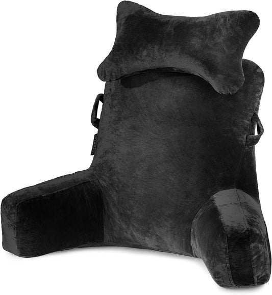 Reading pillow with removable neck roll & higher support arm for sitting in bed, couch, or floor. Backrest pillow for adults for reading, watching TV. Black.