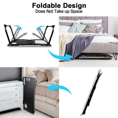 AirOpen laptop table for bed, foldable bed table with 4 USB charging ports, drawer, tablet stand, cup holder, carrying handle, laptop desk for bed, sofa, couch, floor (60 x 40 cm, black)