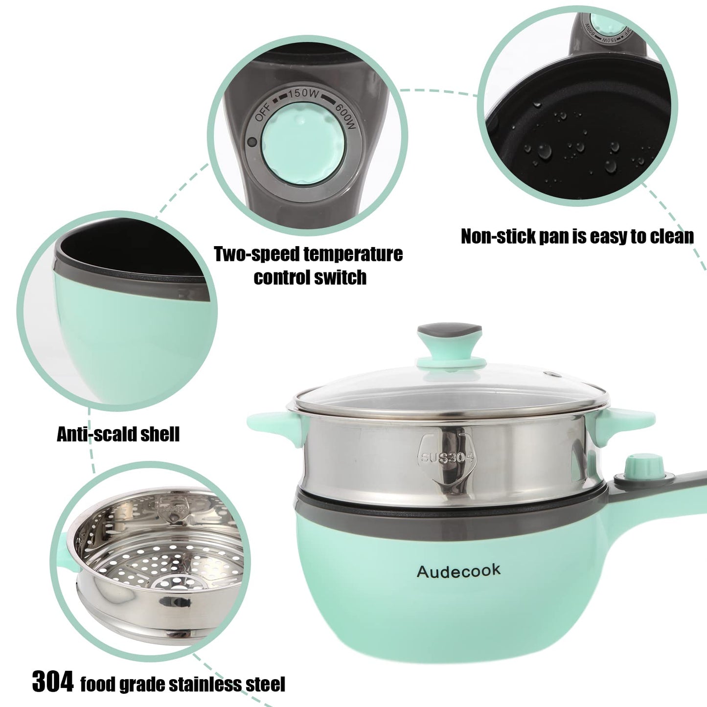 Audecook Electric Hot Pot with Steamer, 1.5L/20cm Electric Frying Pan Hotpot Pot Nonstick Mini Electric Skillet, Multi-cooker for Dorm Ramen, Steak (A (green/1.5L with Steamer))