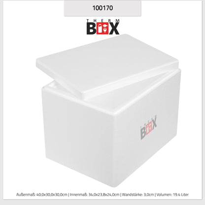 THERM-BOX Styrofoam box 19W Inside: 34x23x24cm Wall: 3cm Volume: 19.58L Insulated box Cooler box Insulated lunch box Reusable