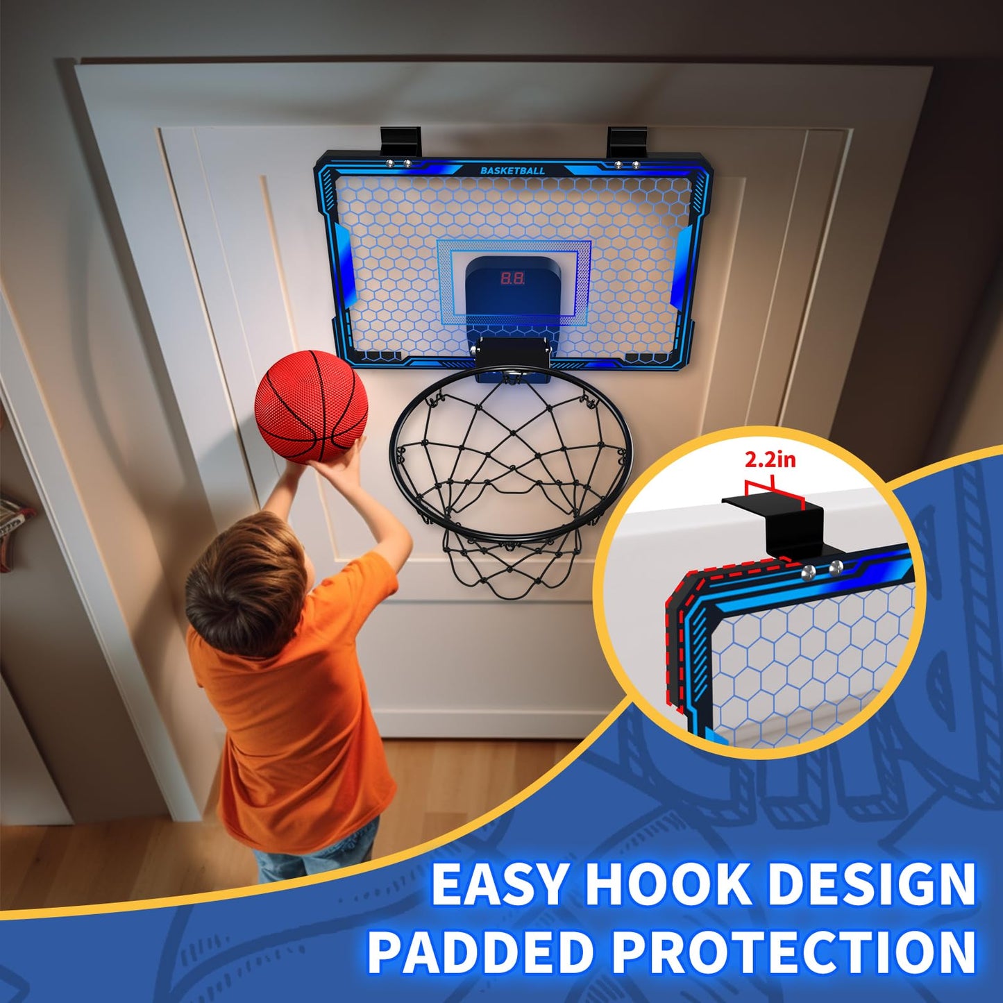 HYES Mini basketball hoop with 7 lighting for kids, electronic scoreboard, 3 balls, pump, indoor outdoor basketball hoop sports toy for kids, blue.