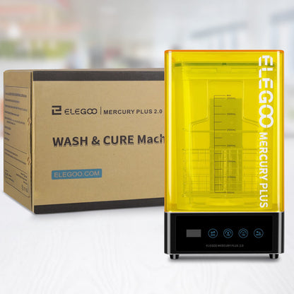 ELEGOO Mercury Plus V2 2-in-1 washing and curing machine for Mars Photon S, Photon Mono LCD, DLP, SLA 3D printed models. Resin UV curing box with rotary curing turntable and washing bucket.