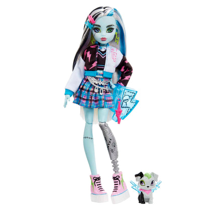 Monster High Frankie Doll, Electrifying Fashion, Voltageous College Jacket, creepy accessories, flexible body, for kids ages 4+, HHK53