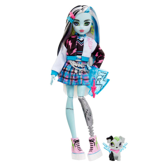 Monster High Frankie Doll, Electrifying Fashion, Voltageous College Jacket, creepy accessories, flexible body, for kids ages 4+, HHK53