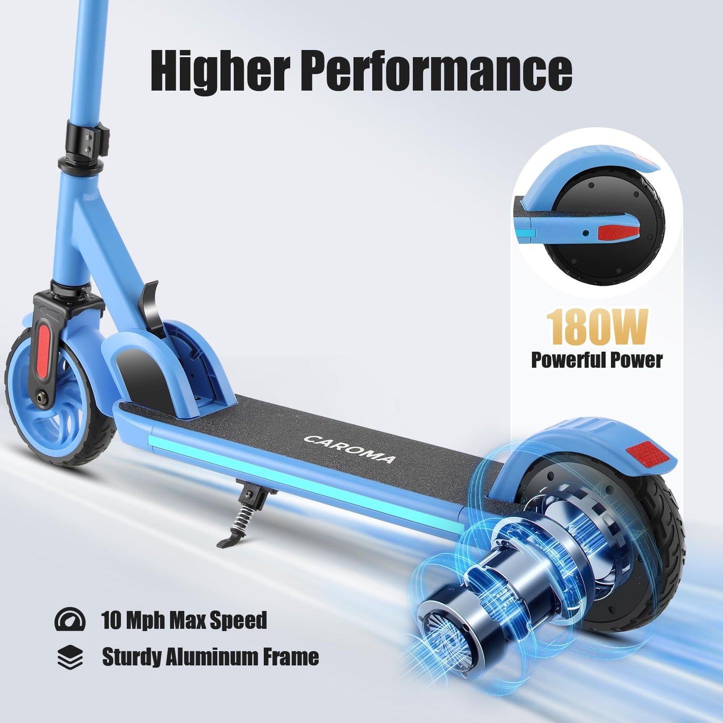 Caroma electric scooter for kids aged 6-14, 180W motor, 16 km/h, 60 min ride time, Adjustable speed & height, Colorful lights, LED display, Foldable kids electric scooter.