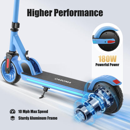 Caroma electric scooter for kids aged 6-14, 180W motor, 16 km/h, 60 min ride time, Adjustable speed & height, Colorful lights, LED display, Foldable kids electric scooter.