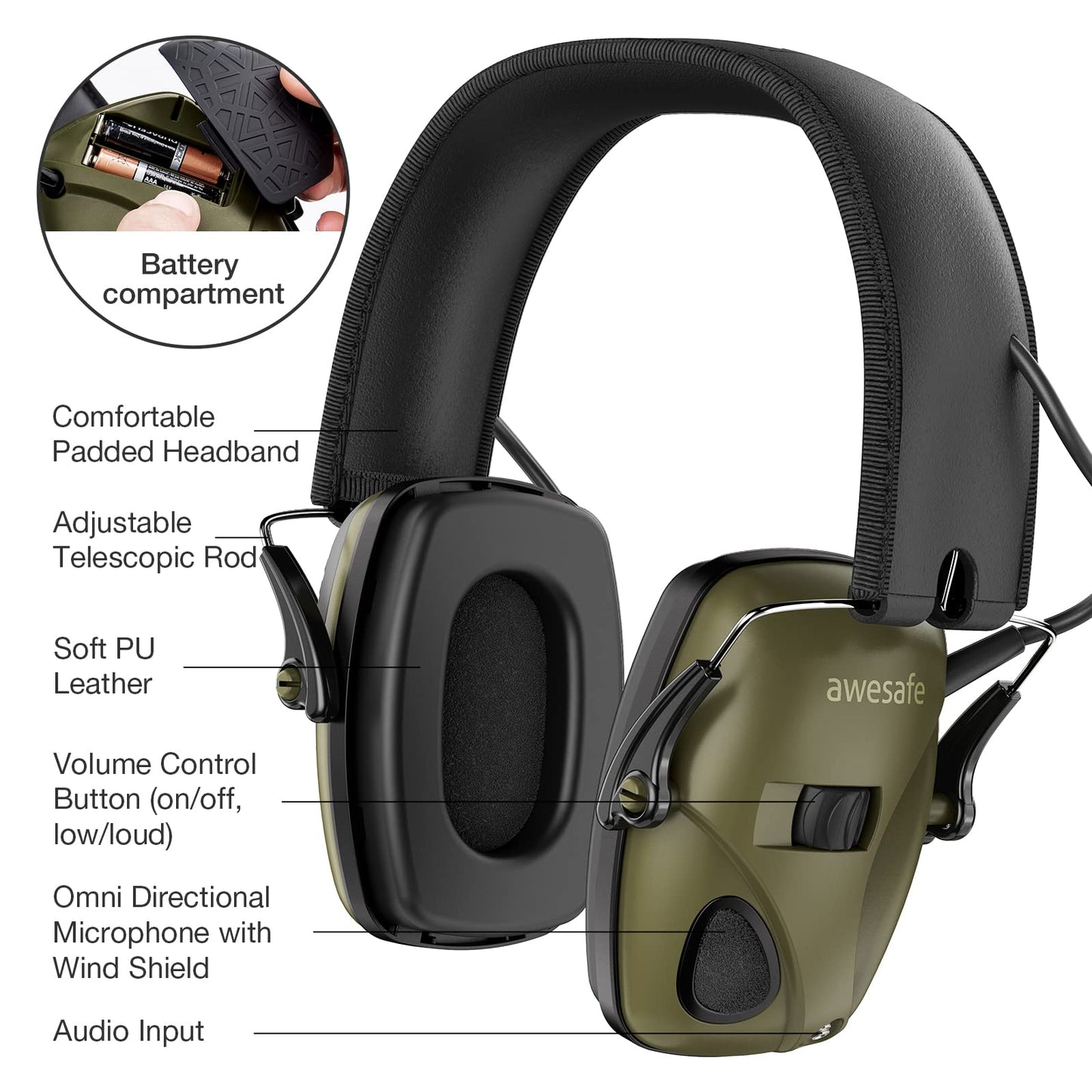 awesafe GF01L Hearing Protection for Shooting Range Electronic Hearing Protection for Impact Sport, Hearing Protection, Ideal for Shooters and Hunting Black, NRR 24dB [Comes with Travel Storage Carrying Case]