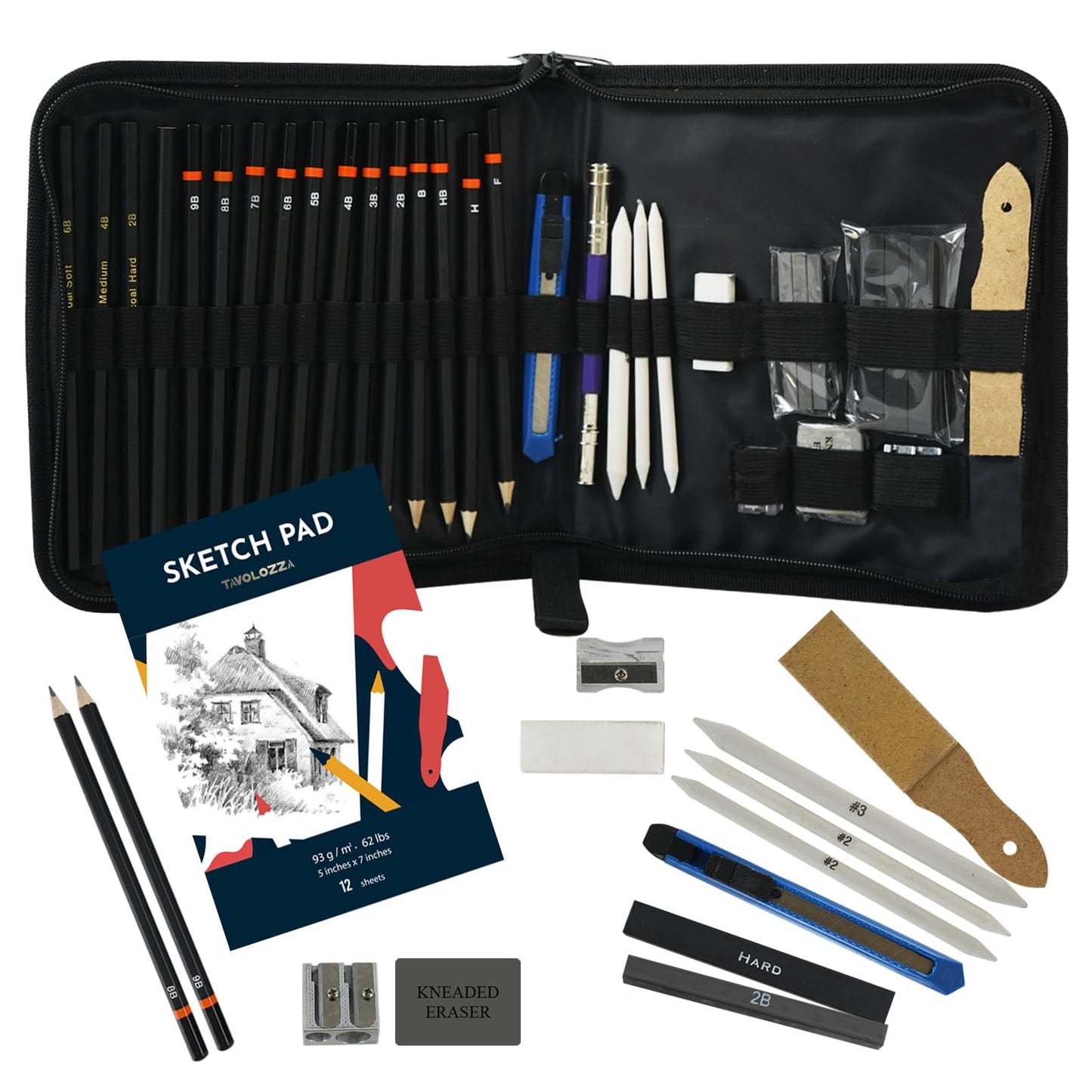 Palette Art Supplies 34-piece sketching pencils and drawing set in a carry bag - Includes pencils, charcoal pencils, erasers, and more accessories.