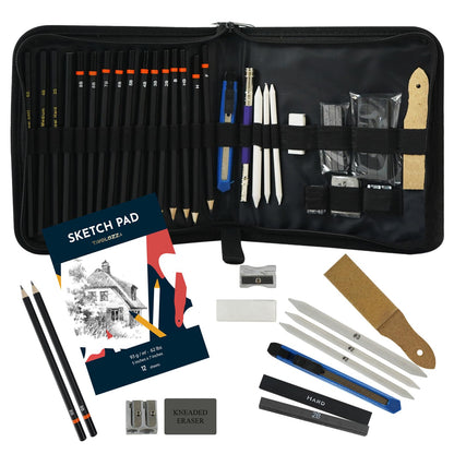 Palette Art Supplies 34-piece sketching pencils and drawing set in a carry bag - Includes pencils, charcoal pencils, erasers, and more accessories.