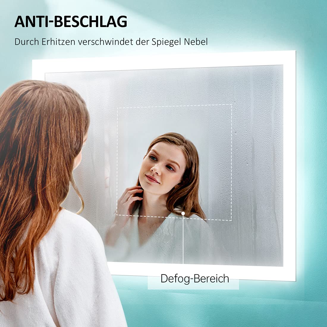 EMKE 50x70cm LED bathroom mirror with lighting, touch switch, and anti-fog feature. 6500K cool white light. Energy-efficient wall mirror for bathrooms.