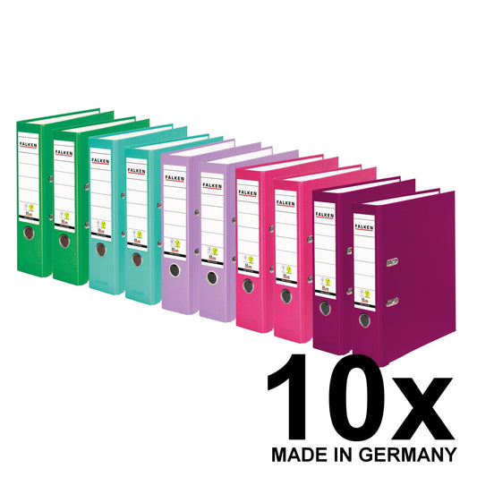 Original Falcons 10 pack of PP-Color plastic folders. Made in Germany. 8 cm wide DIN A4 Vegan color assorted with 2x turquoise, lilac, blackberry, pink, light green file folders.