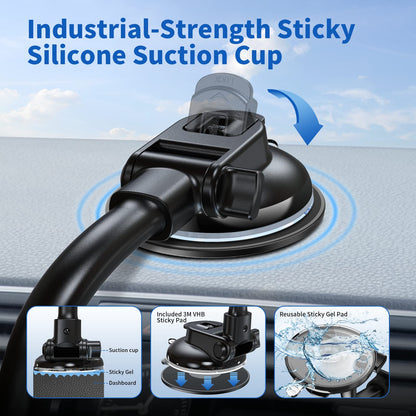 APPS2Car tablet holder for car, suitable for 7.9-11 inch tablets like iPad mini/9.7/10.2/10.5 and more. Features a 13" long arm, anti-vibration design, and 360 degree adjustability.