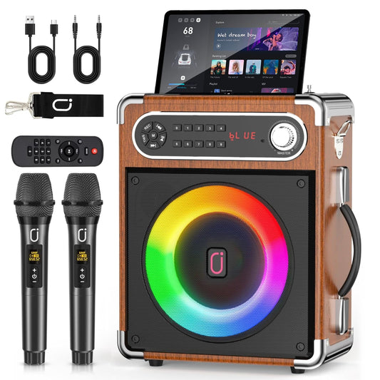JYX Karaoke system with 2 wireless microphones, Portable PA system Karaoke speaker with adjustable treble/bass and LED lights, Supports TWS, USB/TF/FM radio, Recording function, Perfect for parties, indoors, and outdoors.