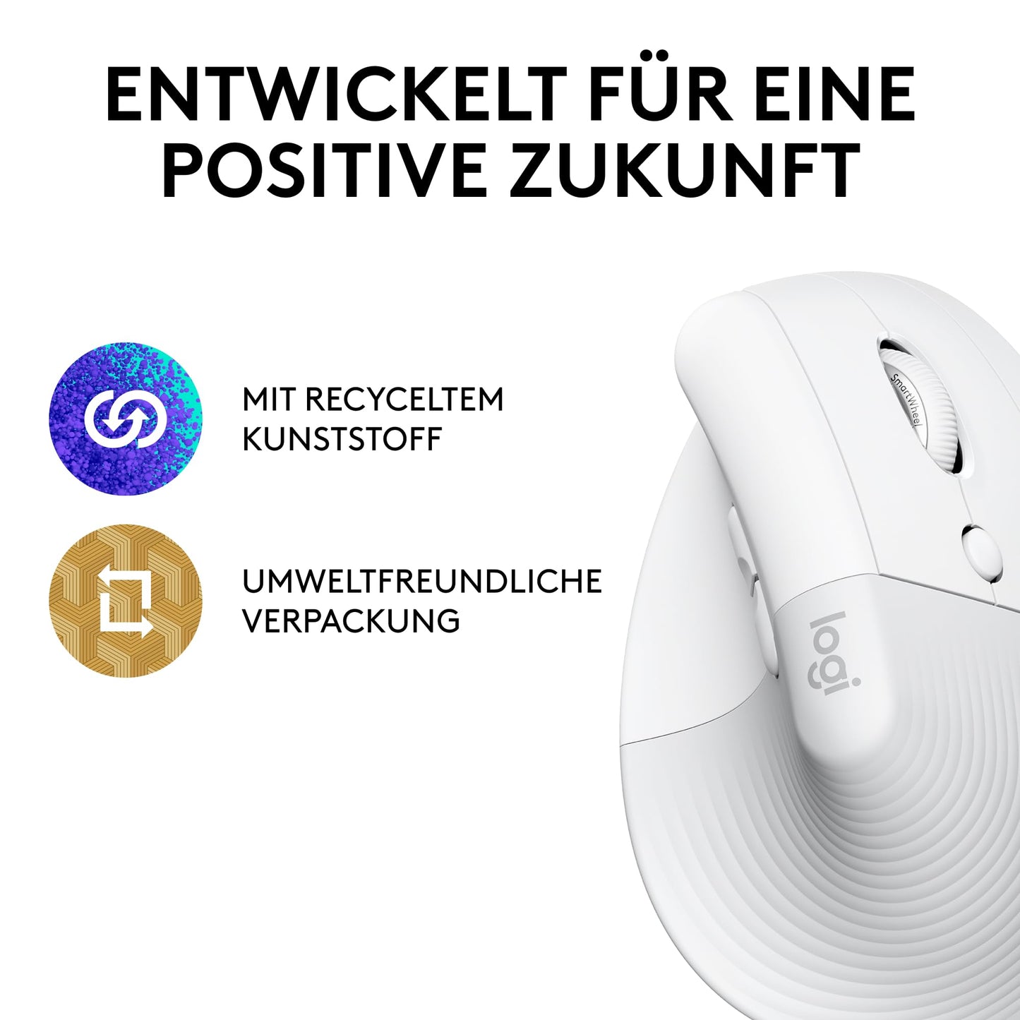 Logitech Lift Vertical Ergonomic Mouse, Wireless, Bluetooth or Logi Bolt USB Receiver, Quiet Clicks, 4 Buttons, Compatible with Windows/macOS/iPadOS, Laptop, PC - White
