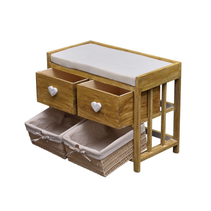 Rebecca wooden bench and wicker baskets, comfortable seat bench with 2 drawers and 2 wicker baskets, beige, shabby chic, for entryway or bedroom - Dimensions: 46 x 60 x 30 cm (HxLxB) - Art. RE4159