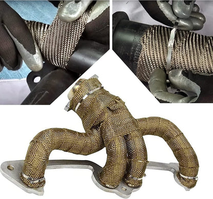 Arespark heat shield tape 15M, exhaust heat shield tape made of basalt fiber, golden exhaust tape with 12 stainless steel cable ties, for motorcycle and car exhaust headers.