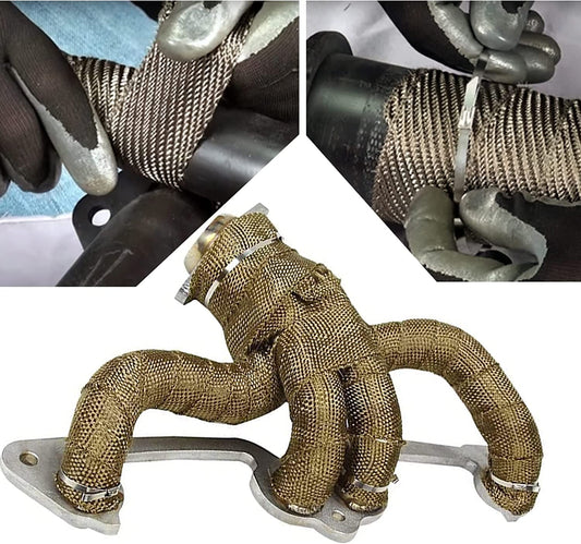 Arespark heat shield tape 15M, exhaust heat shield tape made of basalt fiber, golden exhaust tape with 12 stainless steel cable ties, for motorcycle and car exhaust headers.