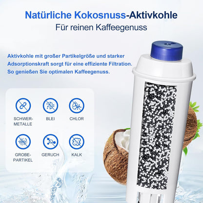 Molifal water filter, replacement for Delonghi coffee machines DLSC002 filter, compatible with Delonghi Dinamica, Magnifica S, Eletta Explorer, ETAM Autentica EPAM and ECAM series (4x)