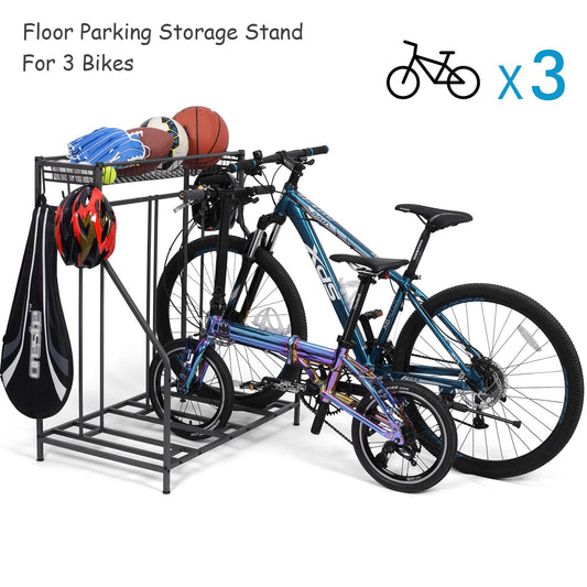 Bike rack, bicycle parking stand with 3 bike slots, extra wide basket, 6 hooks, adjustable bike slot for garage storage mountain bike, kids' bikes, bike stand