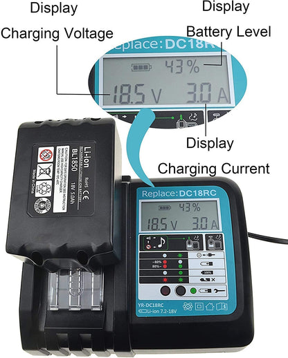 2X BL1850B 5000mAh battery replacement + charger 18V 5Ah for Makita charger DC18RC 3A. Compatible with Makita BL1850B BL1860B BL1830B, for Makita lawnmowers DLM431Z DLM380Z DUC353Z DHR171Z DHP482Z.