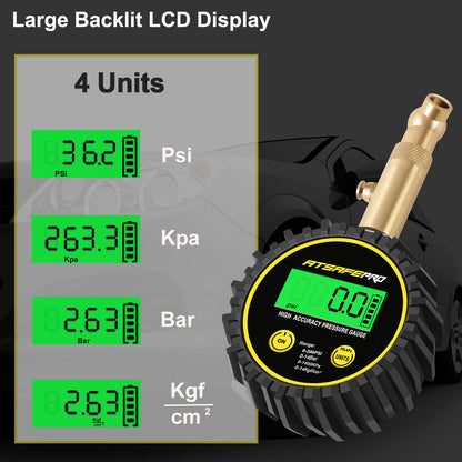 ATsafepro Digital Tire Pressure Gauge, Air Pressure Gauge 200 PSI for car, truck, SUV, motorcycle, digital tire pressure gauge certified ANSI B40.1, accurate and LCD with backlight.