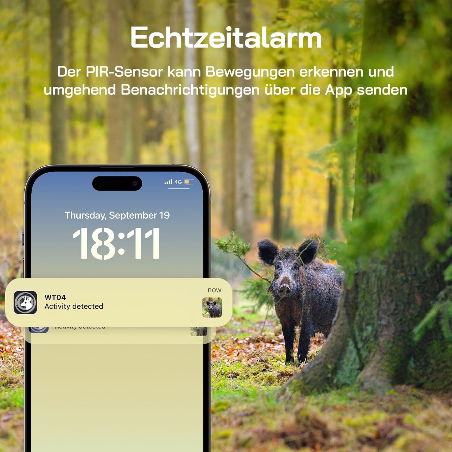 WOLFANG wildlife camera, 2.5K 4G LTE live solar transmission camera with mobile app, real-time alert, super infrared night vision camera with 7800mAh battery, 32GB SD card, 2-way audio IP66.
