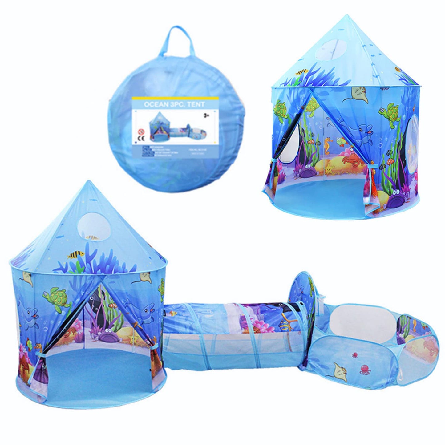 Benebomo 3 in 1 play tent with tunnel, kids tent with tunnel, Blue Ocean children's tent, crawl tunnel with tent, large garden playhouse tent, for girls indoors and outdoors.