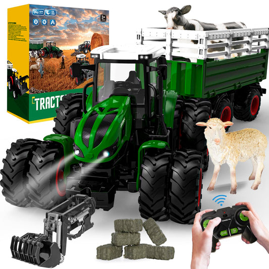 PENGBU RC Tractor Toy for 3 years and up, 2.4 GHz Remote Controlled Tractor with trailer, RC Farm Toy with remote control, cow and sheep, Gift for 2, 3, 4, 6 years old.