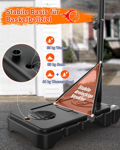 Outdoor basketball hoop for kids with adjustable height of 150-210 cm. Features a 80x60 cm shatterproof backboard, enlarged base, and wheels for easy moving. Ideal for children and teens.
