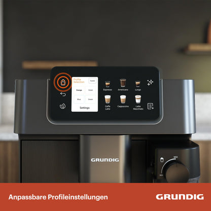 Grundig KVA 8230 fully automatic coffee machine, 18 coffee specialties, 13 grind settings, milk container, powerful 1350 W, 19 bar pump pressure, dual nozzle, lighting, black/dark silver.