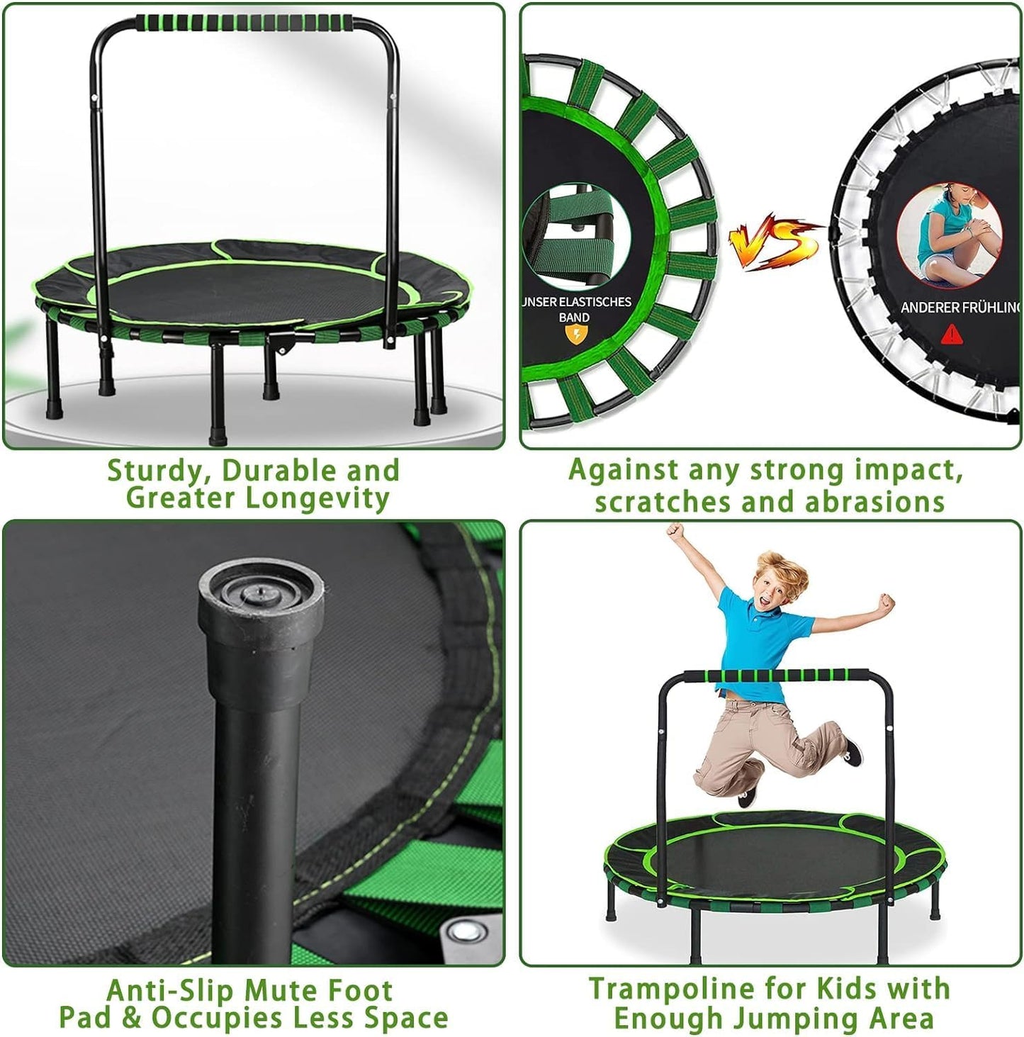 Trampoline Kids Indoor Outdoor Ø91cm, Mini Trampoline Jumping Fitness Trampoline Foldable Garden Trampoline with Handle and Safety Padding, Kids Trampoline for Boys Girls aged 3 years and up (Green)