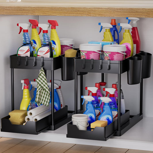 AIXPI Kitchen Organizer 2 Tiers, Under Sink Shelf with Hooks and Cup Spice Rack Sink Cabinet Organizer Kitchen Shelf Cabinet Organizer for Bathroom Kitchen Black 2 Set