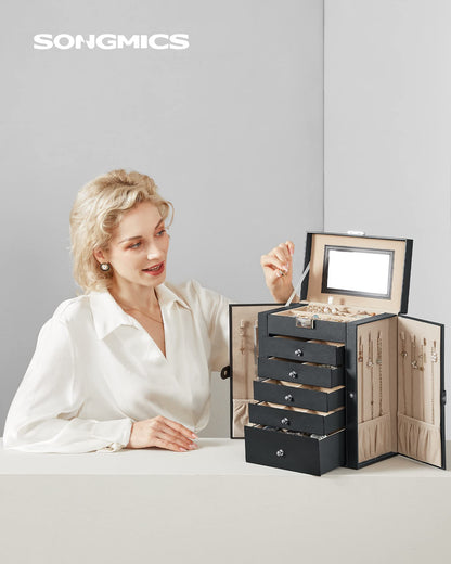 SONGMICS Jewelry Box 6-Tier, Jewelry Case with 5 Drawers, ample storage, interior mirror, lockable, jewelry storage, gift for your loved ones, for watches, black JBC152B01